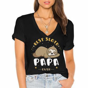 Papa Grandpa Gift Best Sloth Papa Ever Women's Jersey Short Sleeve Deep V-Neck Tshirt - Seseable