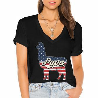 Papa Llama 4Th Of July American Flag Patriotic Dad Father Women's Jersey Short Sleeve Deep V-Neck Tshirt - Seseable