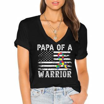 Papa Of A Warrior Autism Awareness For Mom Dad Kids Youth Women's Jersey Short Sleeve Deep V-Neck Tshirt - Seseable