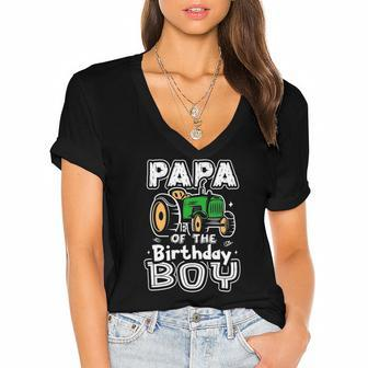 Papa Of The Birthday Boy Farmer Tractor Matching Party Women's Jersey Short Sleeve Deep V-Neck Tshirt | Mazezy CA