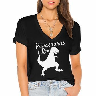Papa Saurus Rex Family Dinosaur Pajamas Women's Jersey Short Sleeve Deep V-Neck Tshirt | Mazezy