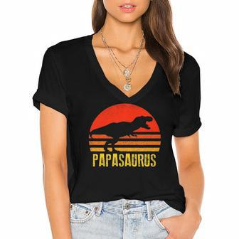 Papasaurus Retro Vintage Sunset Dinosaur Gift Women's Jersey Short Sleeve Deep V-Neck Tshirt | Mazezy