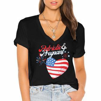 Patriotic And Pregnant 4Th Of July Pregnancy Announcement Women's Jersey Short Sleeve Deep V-Neck Tshirt - Seseable