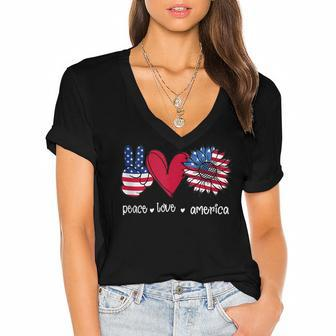 Peace Love America 4Th July Patriotic Sunflower Heart Sign V2 Women's Jersey Short Sleeve Deep V-Neck Tshirt - Seseable