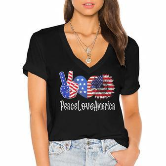Peace Love America 4Th July Patriotic Sunflower Heart Sign V4 Women's Jersey Short Sleeve Deep V-Neck Tshirt - Seseable