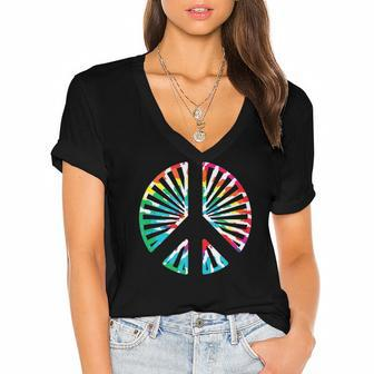 Peace Sign Rainbow Colors 70S 80S Party Women's Jersey Short Sleeve Deep V-Neck Tshirt | Mazezy