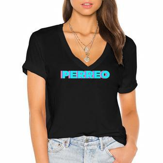 Perreo Vintage Dance And Party Music Women's Jersey Short Sleeve Deep V-Neck Tshirt | Mazezy