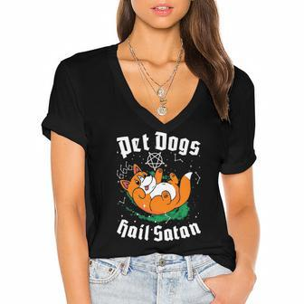 Pet Dogs Hail Satan Kawaii Satanic Dog Astrology Witchcraft Women's Jersey Short Sleeve Deep V-Neck Tshirt | Mazezy