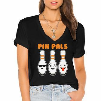 Pin Pals Cute Funny Bowling Women's Jersey Short Sleeve Deep V-Neck Tshirt | Mazezy