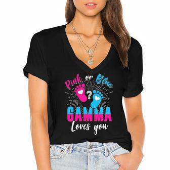 Pink Or Blue Gamma Loves You Gender Reveal Baby Party Women's Jersey Short Sleeve Deep V-Neck Tshirt | Mazezy