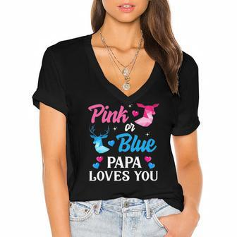 Pink Or Blue Papa Loves You Gender Reveal Family Women's Jersey Short Sleeve Deep V-Neck Tshirt | Mazezy