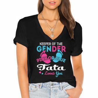 Pink Or Blue Tata Loves You Gender Reveal Women's Jersey Short Sleeve Deep V-Neck Tshirt | Mazezy