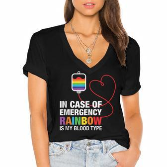 Pride Month Rainbow Is My Blood Type Lgbt Flag Women's Jersey Short Sleeve Deep V-Neck Tshirt | Mazezy