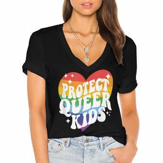 Protect Queer Kids Gay Pride Lgbt Support Queer Pride Month Women's Jersey Short Sleeve Deep V-Neck Tshirt - Seseable