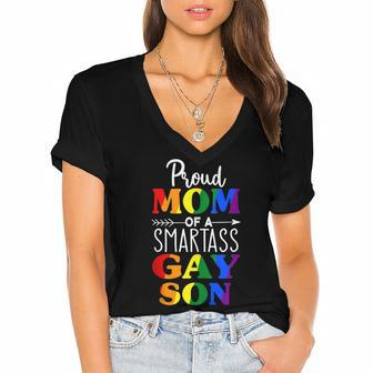 Proud Mom Of A Smartass Gay Son Funny Lgbt Ally Mothers Day Women's Jersey Short Sleeve Deep V-Neck Tshirt - Seseable