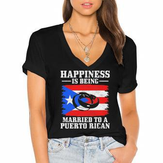 Puerto Rican Wife Husband Wedding Puerto Rico Boricua Flag Women's Jersey Short Sleeve Deep V-Neck Tshirt | Mazezy