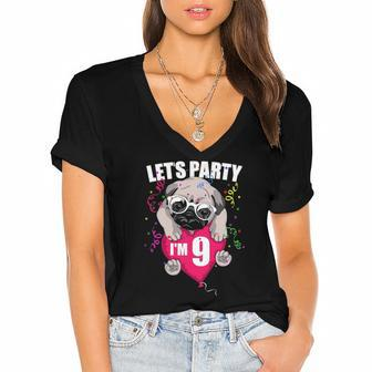 Pug Birthday Im Nine Lets Party 9Th Bday Cute Dog Flying Women's Jersey Short Sleeve Deep V-Neck Tshirt | Mazezy