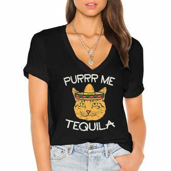 Purr Me Tequila Mexican Cat Pet Cinco De Mayo Drinking Meow Women's Jersey Short Sleeve Deep V-Neck Tshirt | Mazezy