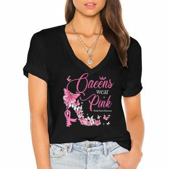 Queens Wear Pink Breast Cancer Awareness Butterfly High Heel Women's Jersey Short Sleeve Deep V-Neck Tshirt | Mazezy