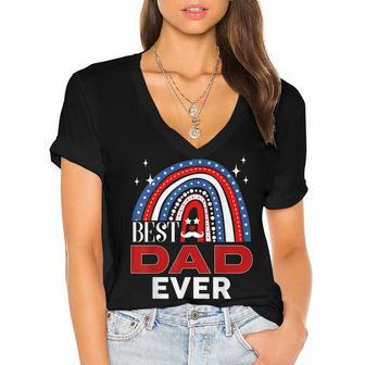 Rainbow Best Dad Ever Fathers Day 4Th Of July Patriotic Women's Jersey Short Sleeve Deep V-Neck Tshirt - Seseable