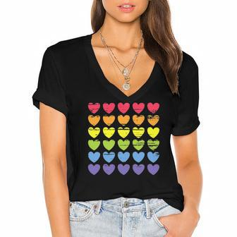 Rainbow Flag Hearts Gay Pride Lgbtq Women's Jersey Short Sleeve Deep V-Neck Tshirt | Mazezy