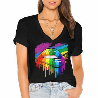 Rainbow Lips Lgbt Pride Month Rainbow Flag  Women's Jersey Short Sleeve Deep V-Neck Tshirt