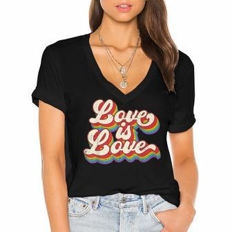 Rainbow Vintage Love Is Love Lgbt Gay Lesbian Pride Women's Jersey Short Sleeve Deep V-Neck Tshirt | Mazezy