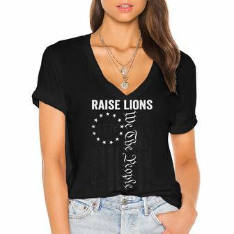 Raise Lions - Usa Patriotic Parenting Pro Guns Ar15 Gun Flag Women's Jersey Short Sleeve Deep V-Neck Tshirt - Seseable