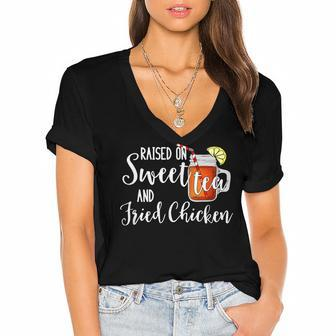 Raised On Sweet Tea & Fried Chicken Women's Jersey Short Sleeve Deep V-Neck Tshirt - Seseable
