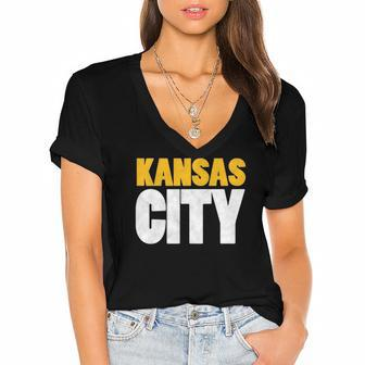 Red Kansas City Nation Fun Bold Kc Vintage Varsity Kc Red Women's Jersey Short Sleeve Deep V-Neck Tshirt | Mazezy