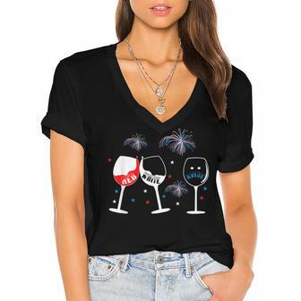 Red White And Blue Funny Wine Glass For 4Th Of July Women's Jersey Short Sleeve Deep V-Neck Tshirt - Seseable