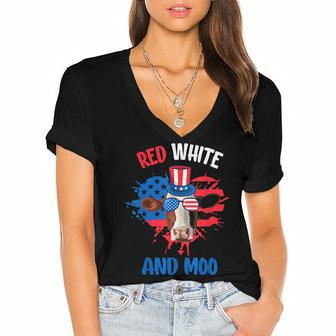 Red White And Moo Patriotic Cow Farmer 4Th Of July Women's Jersey Short Sleeve Deep V-Neck Tshirt | Mazezy