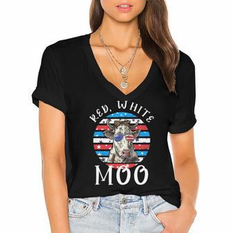 Red White Moo Cute American Cow Farmer 4Th Of July Leopard Women's Jersey Short Sleeve Deep V-Neck Tshirt | Mazezy