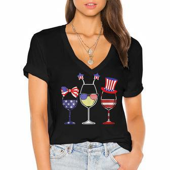 Red Wine And Blue 4Th Of July Red White Blue Wine Glasses Women's Jersey Short Sleeve Deep V-Neck Tshirt - Seseable