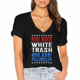 Redneck White Trash Blue Collar Back Design America Women's Jersey Short Sleeve Deep V-Neck Tshirt | Mazezy