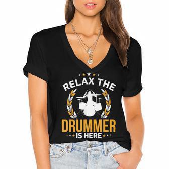 Relax The Drummer Here Women's Jersey Short Sleeve Deep V-Neck Tshirt - Monsterry AU