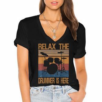 Relax The Drummer Here Women's Jersey Short Sleeve Deep V-Neck Tshirt - Monsterry AU