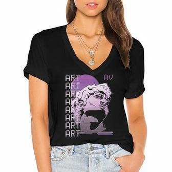 Retro Vaporwave Aesthetic Style David Greek Statue Art Women's Jersey Short Sleeve Deep V-Neck Tshirt | Mazezy