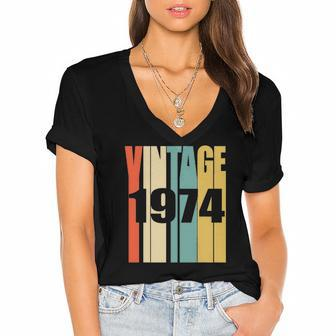 Retro Vintage 1974 48 Yrs Old Bday 1974 48Th Birthday Women's Jersey Short Sleeve Deep V-Neck Tshirt | Mazezy