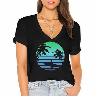 Retro Water Sport Surfboard Palm Tree Sea Tropical Surfing Women's Jersey Short Sleeve Deep V-Neck Tshirt | Mazezy