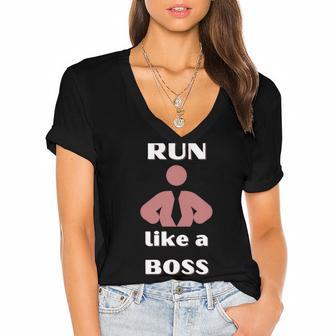 Run Like A Boss Funny Quote Women's Jersey Short Sleeve Deep V-Neck Tshirt | Favorety DE