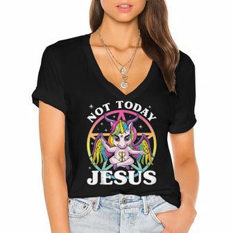 Satanic Unicorn Not Today Jesus Satan Unicorn Baphomet Sigil Women's Jersey Short Sleeve Deep V-Neck Tshirt | Mazezy