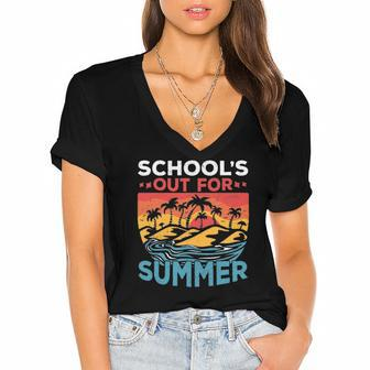 Schools Out For Summer Teacher Cool Retro Vintage Last Day Women's Jersey Short Sleeve Deep V-Neck Tshirt