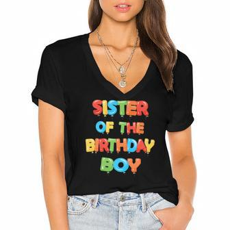 Sister Of The Birthday Boy Balloon Boys Party Women's Jersey Short Sleeve Deep V-Neck Tshirt | Mazezy