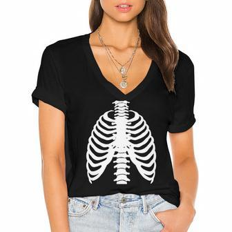 Skeleton Rib Costume Halloween Skeleton Bones Costume Women's Jersey Short Sleeve Deep V-Neck Tshirt | Mazezy