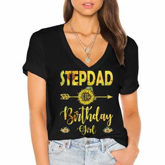 Stepdad Of The Birthday Girl Dad Sunflower Gifts Women's Jersey Short Sleeve Deep V-Neck Tshirt - Seseable