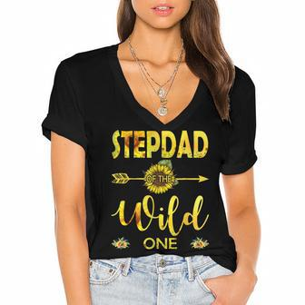 Stepdad Of The Wild One-1St Birthday Sunflower Outfit Women's Jersey Short Sleeve Deep V-Neck Tshirt - Seseable
