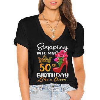 Stepping Into My 50Th Birthday Like A Queen For 50 Years Old Women's Jersey Short Sleeve Deep V-Neck Tshirt - Seseable