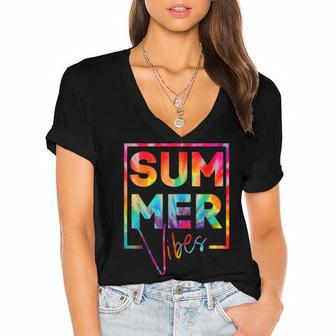 Summer Vibes Tie Dye Hello Summer Vacation Women's Jersey Short Sleeve Deep V-Neck Tshirt | Favorety UK