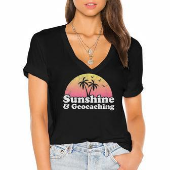 Sunshine And Geocaching Vintage Sunset Women's Jersey Short Sleeve Deep V-Neck Tshirt | Mazezy